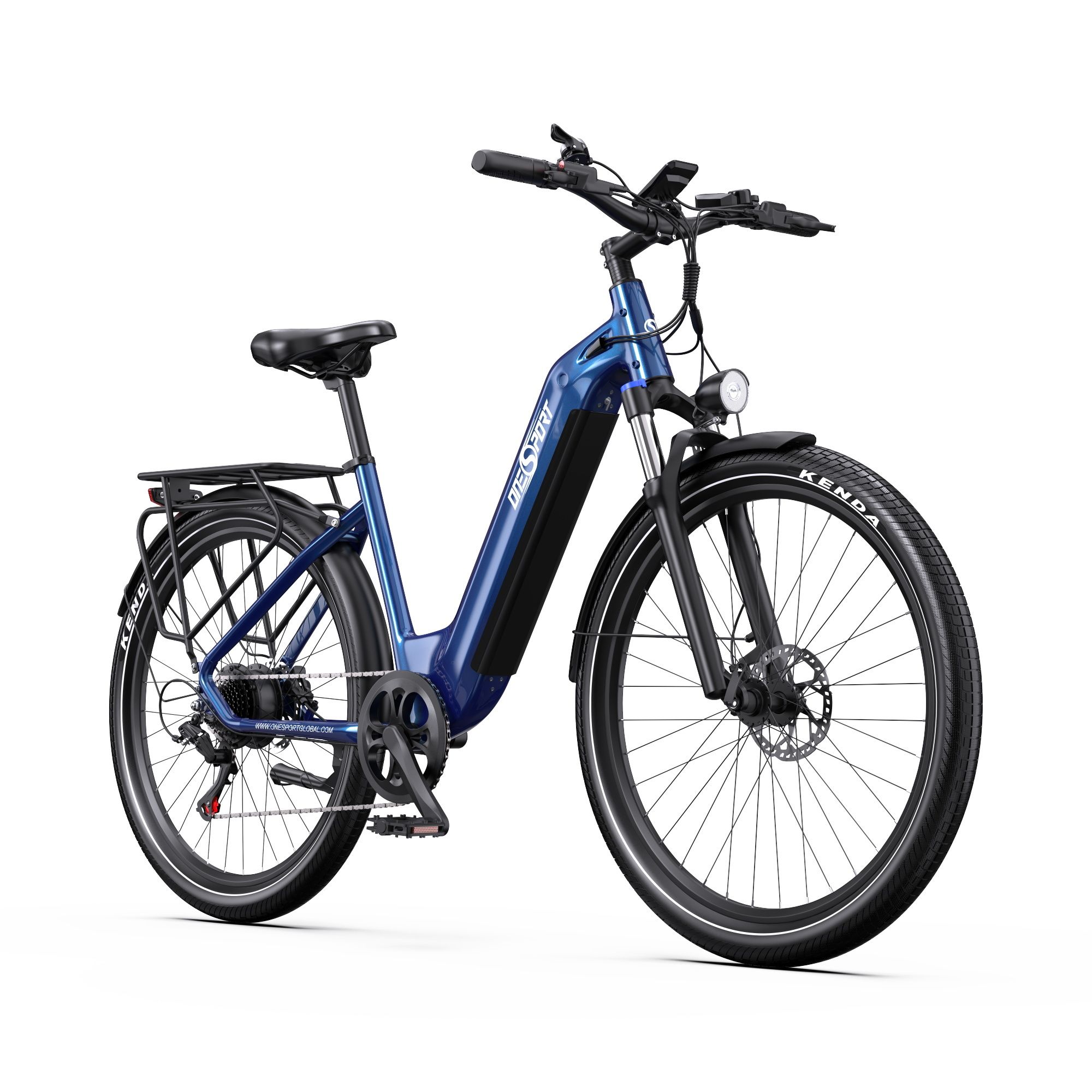 Vélo électrique bleu avec porte-bagages, pneus Kenda, phare avant et écran sur le guidon.