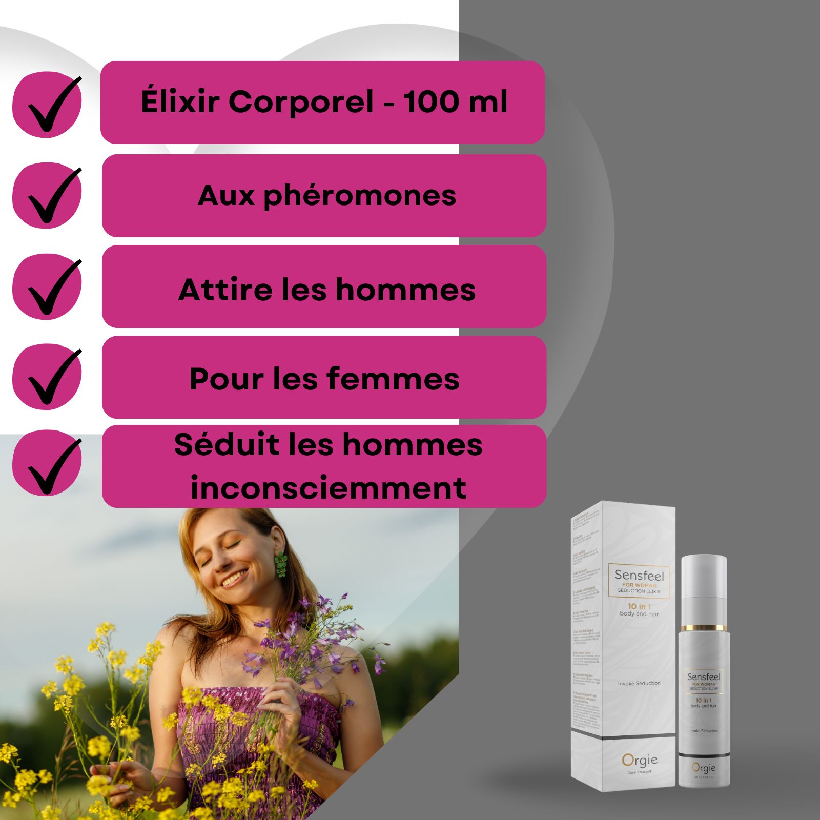 Élixir Sensfeel 100ml aux phéromones, attire les hommes.