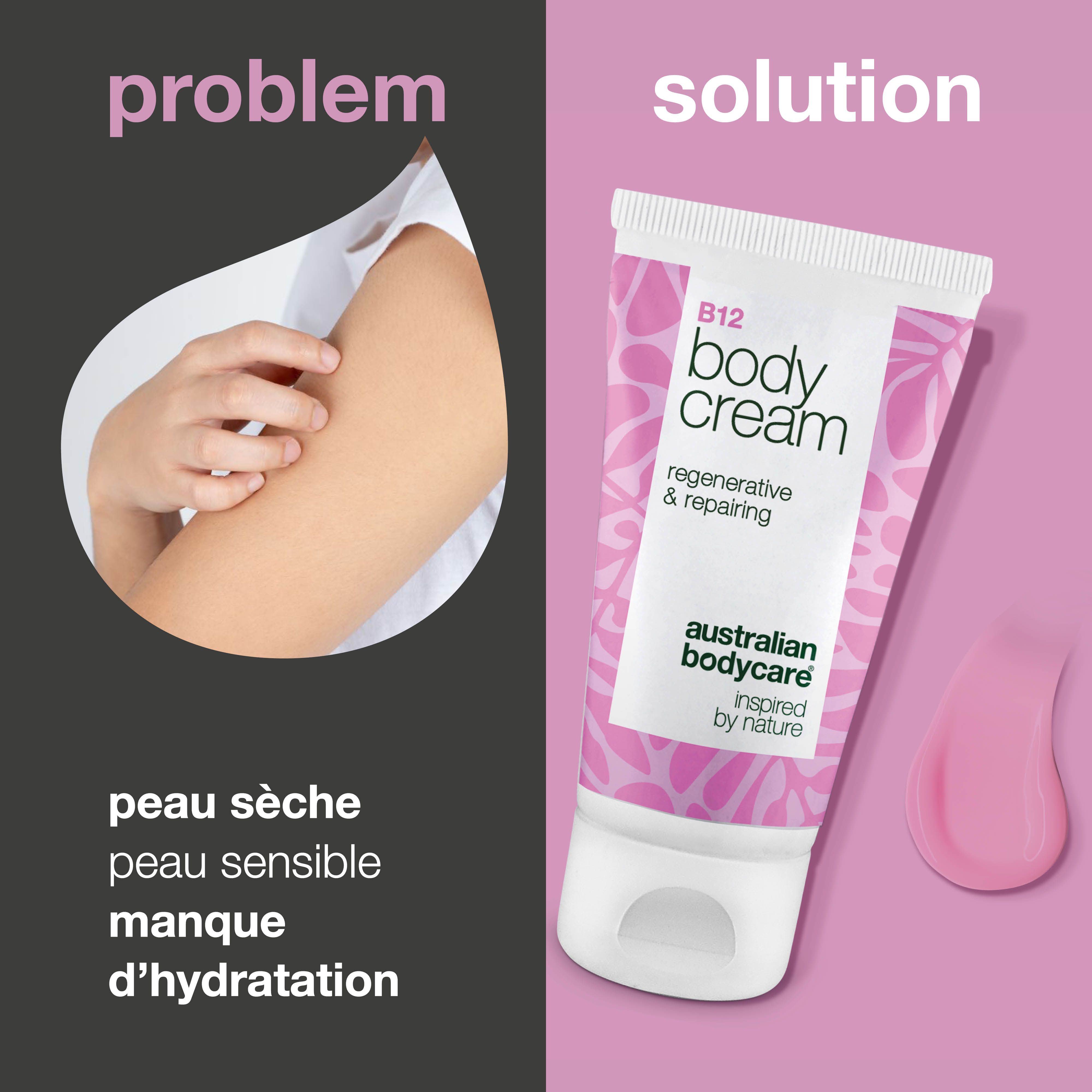 Comparaison : bras avec peau sèche vs. tube de crème. Texte : B12 Body Cream, régénérant & réparateur, Australian Bodycare.