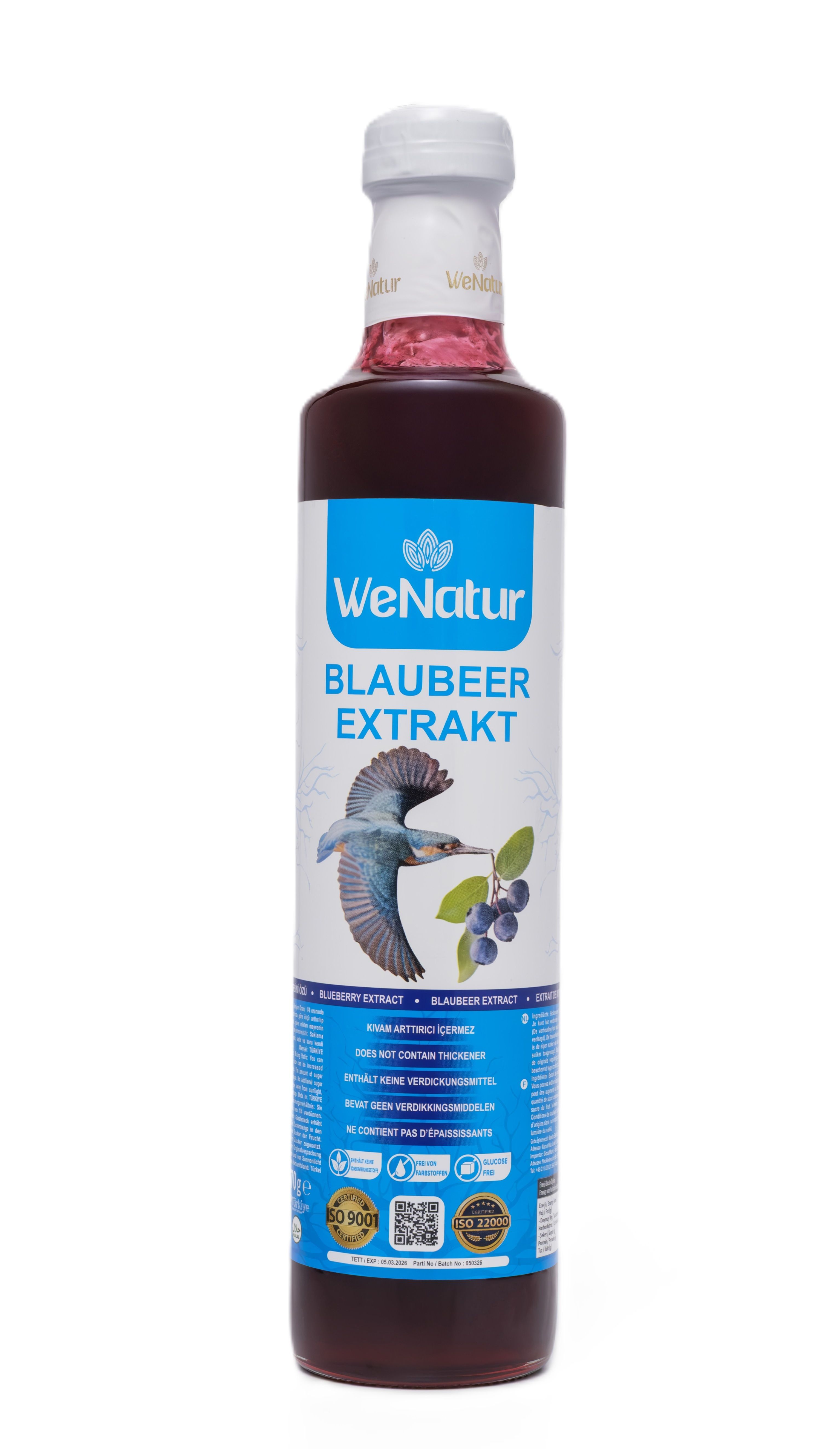 Fles WeNatur Blauwe Bes Extract met vogelafbeelding.