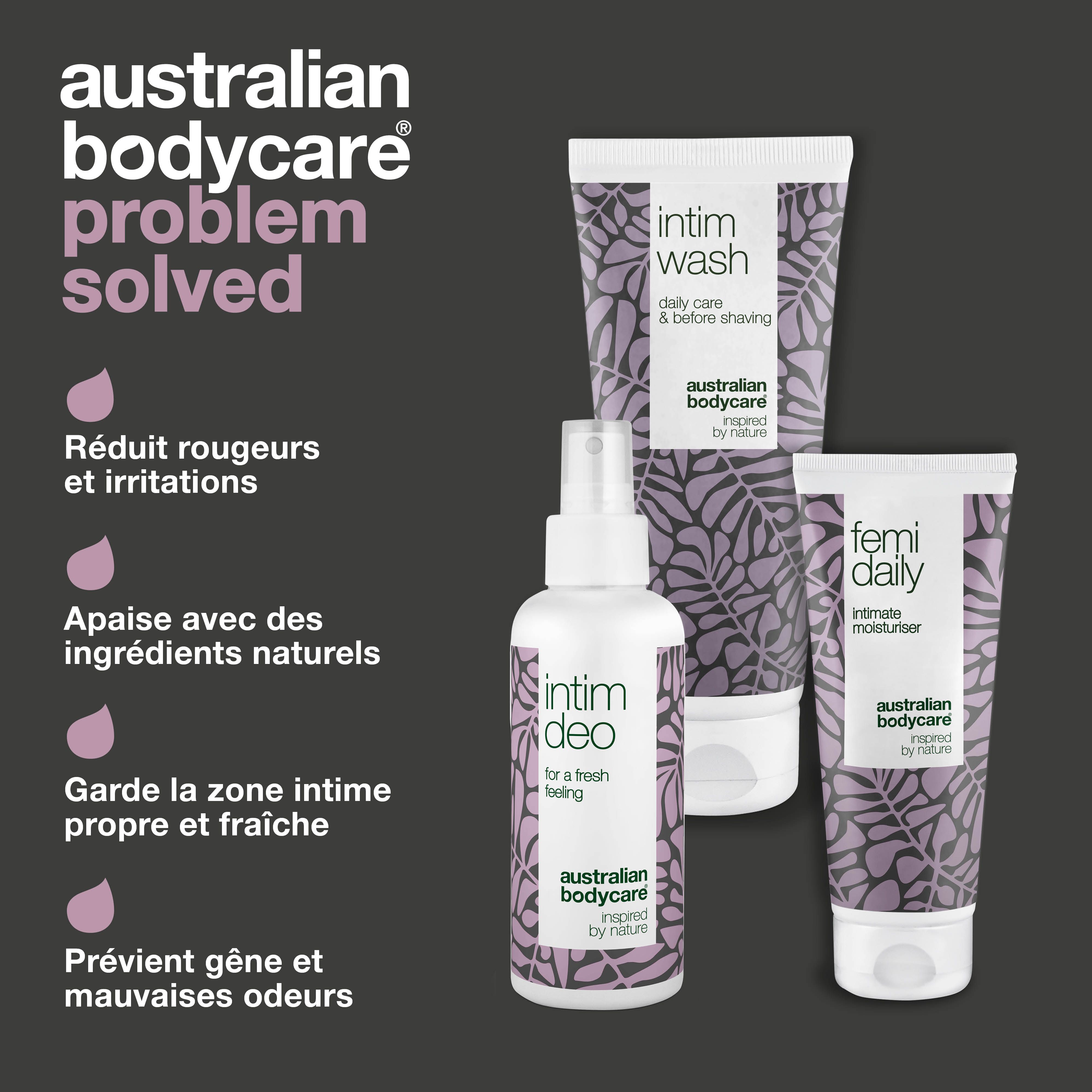 Graphique : Australian Bodycare problème résolu. Produits : Intim Wash, Femi Daily, Intim Deo. Avantages : réduit les rougeurs, apaise, garde au frais.