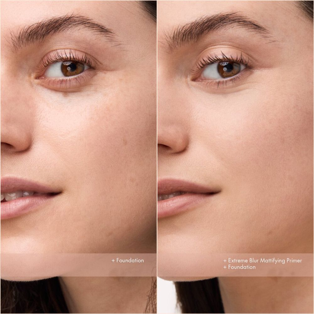 Image comparative : visage avant et après l'application du fond de teint et de la base. Différences notables.