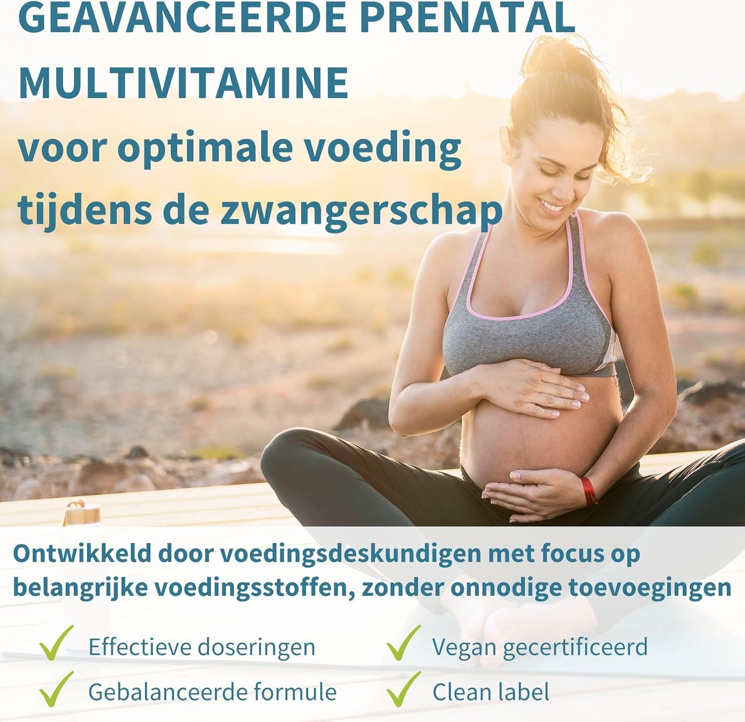 Zwangere vrouw zit buiten. Uitgebreide multivitamine voor optimale voeding tijdens de zwangerschap.