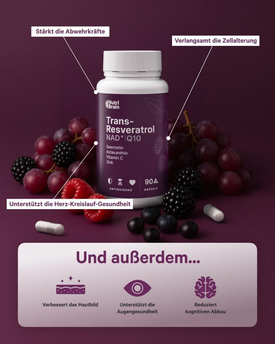Bouteille de NUTRIBRAIN Trans-Resveratrol NAD+ Q10 entourée de baies, avec explications.