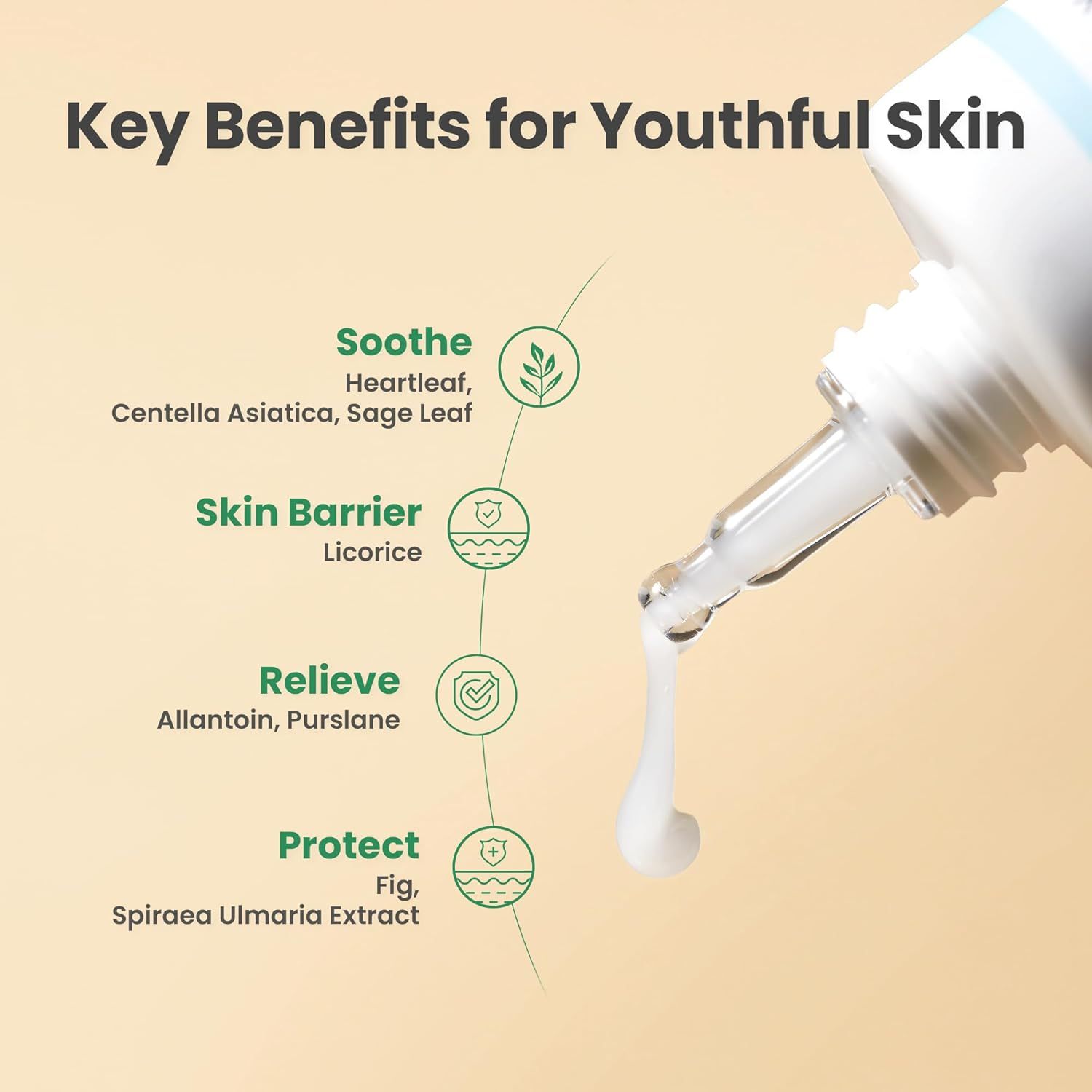 Grafiek met productingrediënten. Soothe, Skin Barrier, Relieve, Protect. Ingrediënten vermeld.