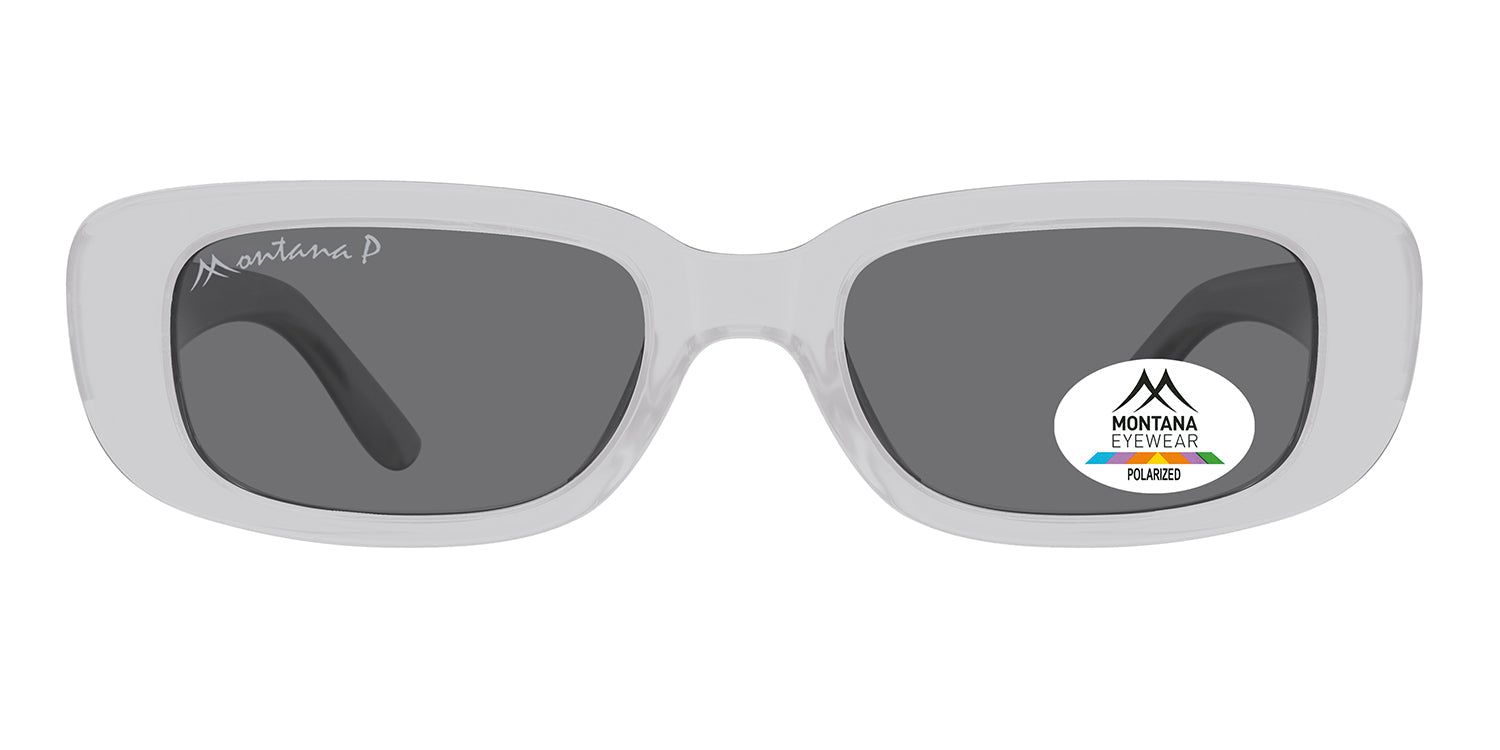 Lunettes de soleil à monture claire et verres gris. Un autocollant avec logo et texte est apposé sur un verre.