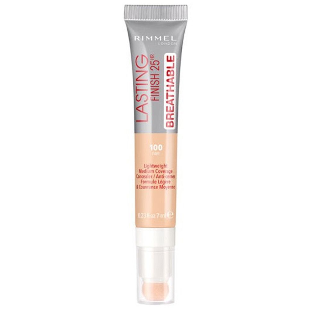 Tube de correcteur Rimmel. Bouchon argenté, texte 'LASTING FINISH 25HR BREATHABLE'. Teinte 100. Avec applicateur.
