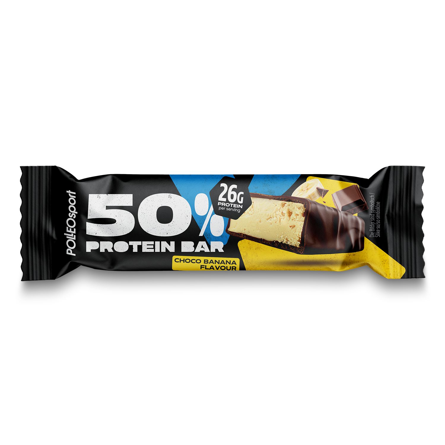 Eiwitreep 50%. Opschrift: 26g eiwit, Choco Banana smaak. Zwarte verpakking.