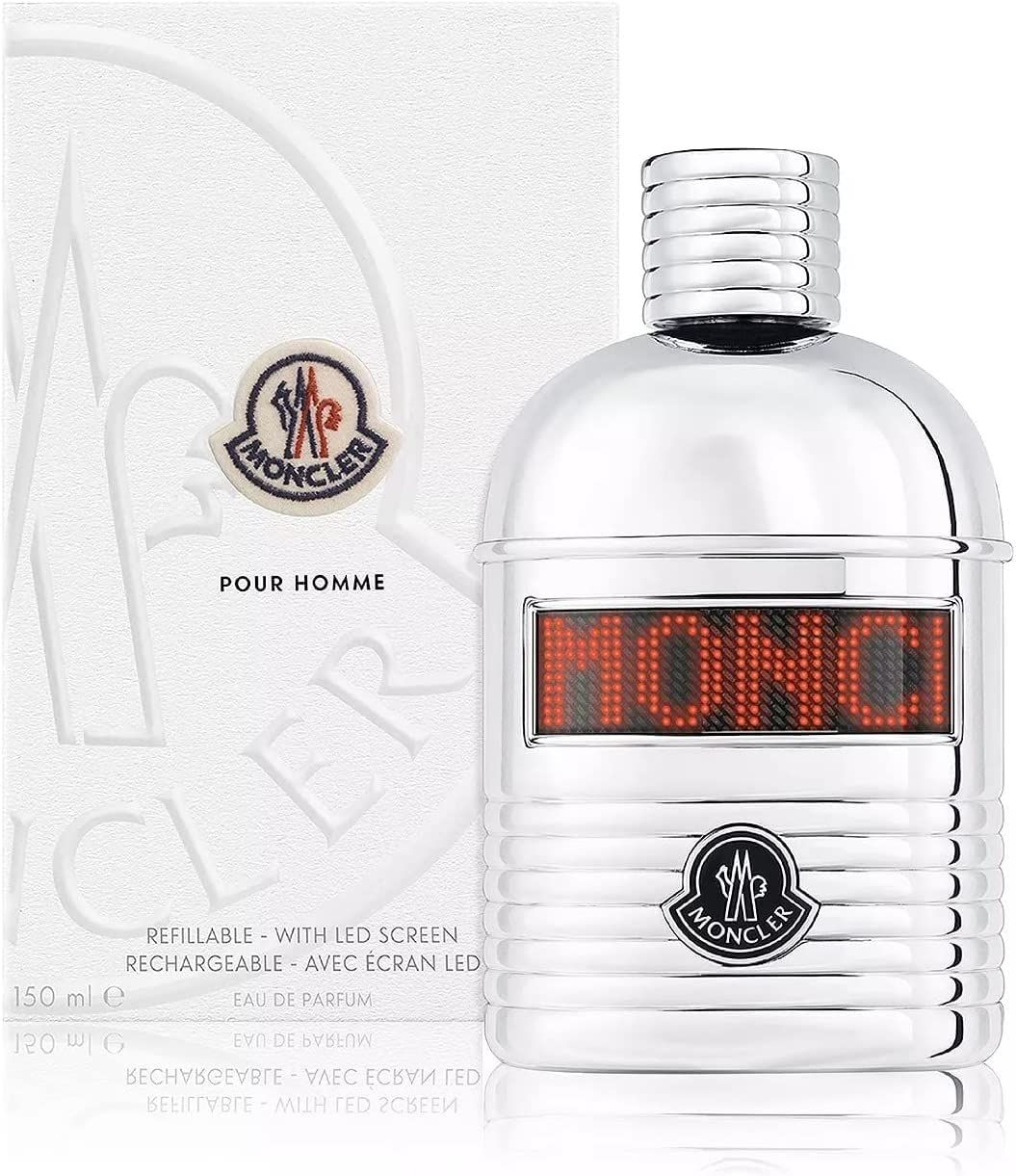 Flacon argenté avec écran LED et logo Moncler. Emballage blanc avec logo et texte. "Pour Homme" et "Eau de Parfum".