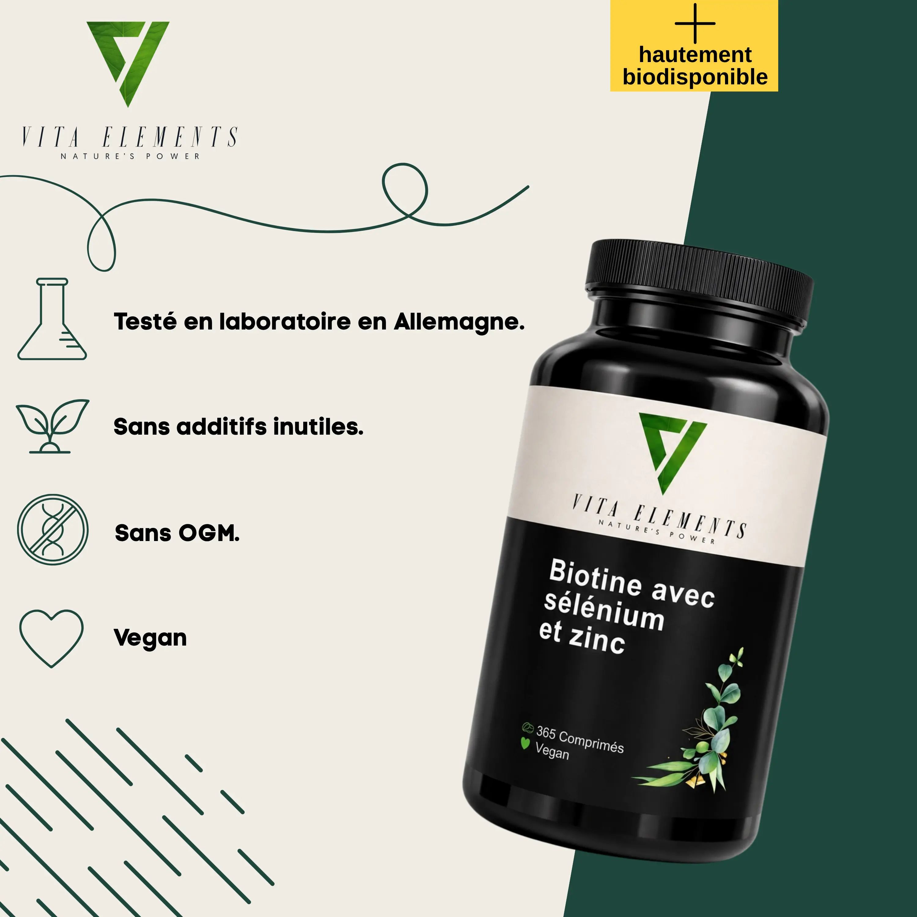 Femme aux cheveux bouclés tenant un comprimé Vita Elements Biotine Sélénium Zinc.