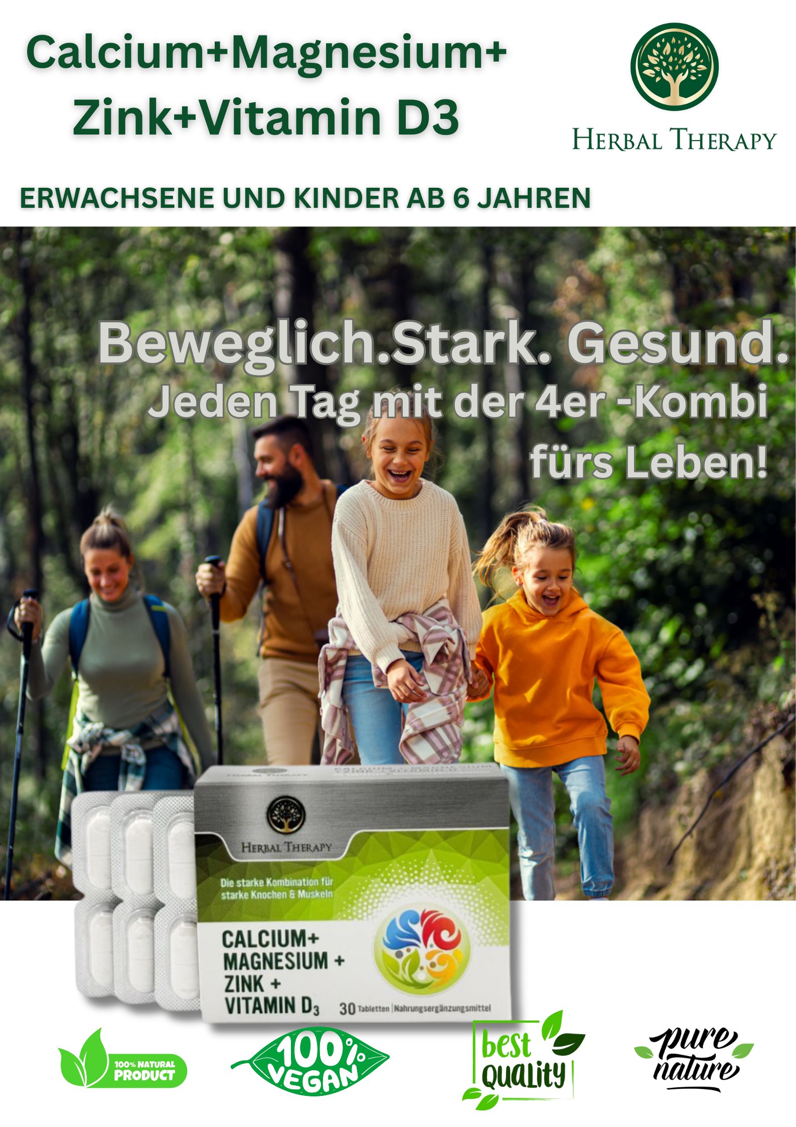 Reclamebeeld met product en mensen. Product: Calcium, Magnesium, Zink, Vitamine D3. Logo: Herbal Therapy. 30 tabletten. Vegan-zegel.