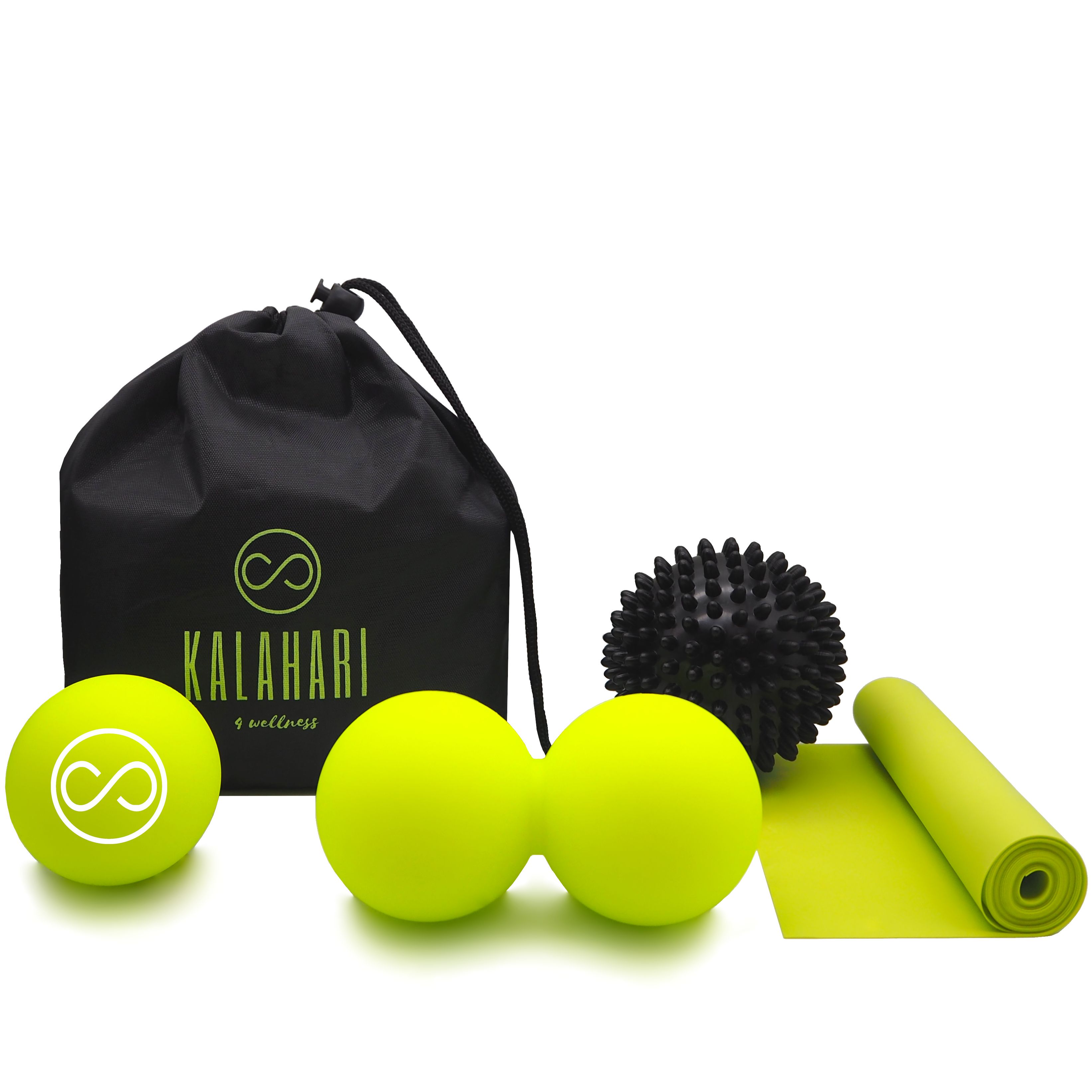 Ensemble de balles de massage avec balle double, balle à picots, balle de crosse et bande.