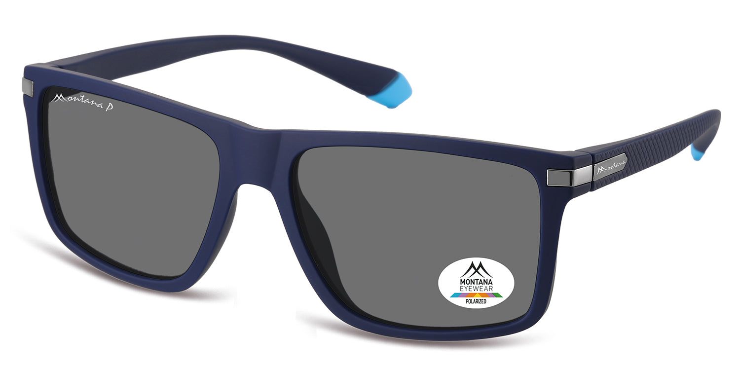 Blauwe zonnebril met grijze glazen. Montana Eyewear logo op een lens. Rechthoekige vorm.