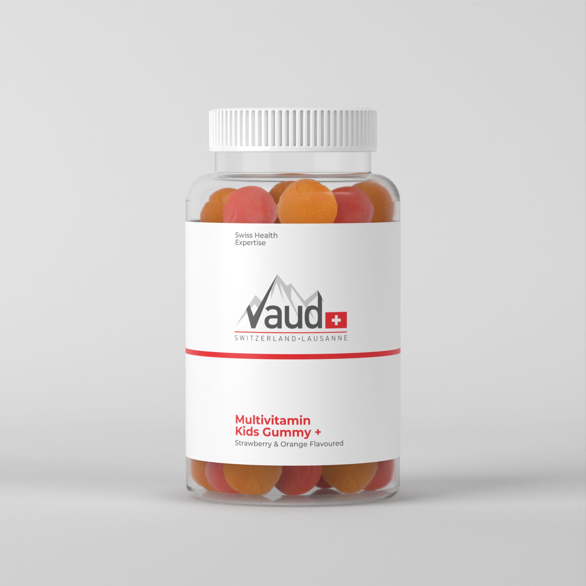 Pot met multivitamine gummies. Etiket met logo, productnaam en tekst. Witte dop.