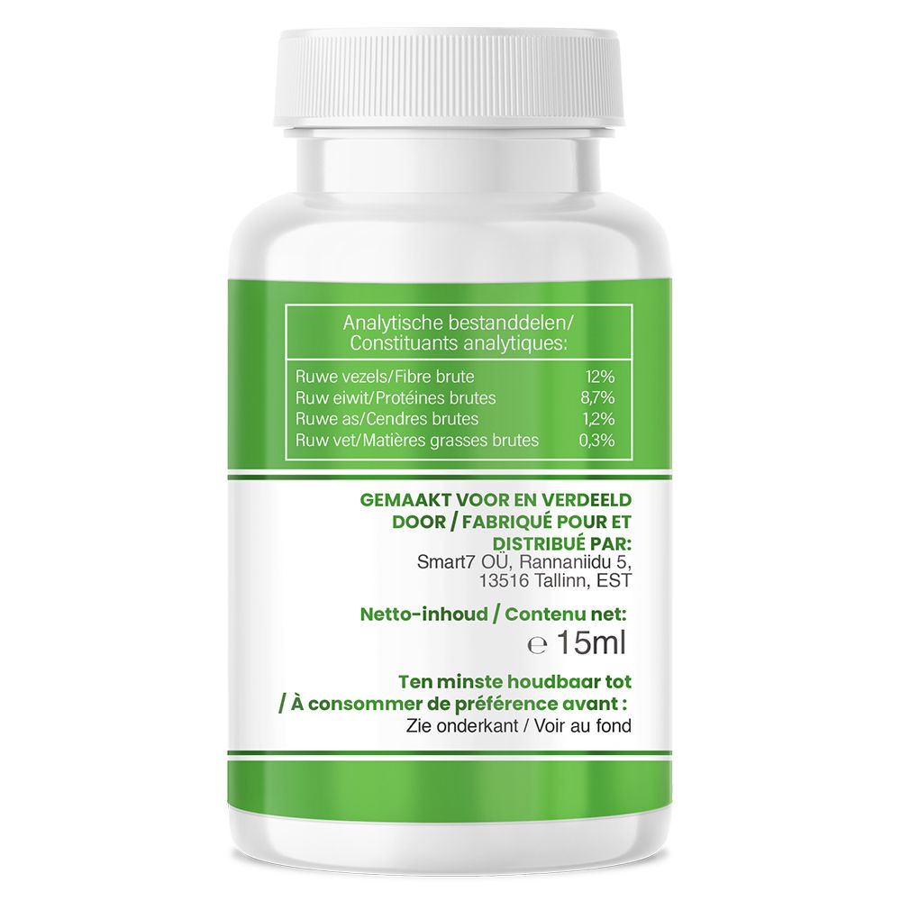 Witte pillenfles met groen etiket. Bevat 15ml. Analytische bestanddelen staan erop. Ten minste houdbaar tot.