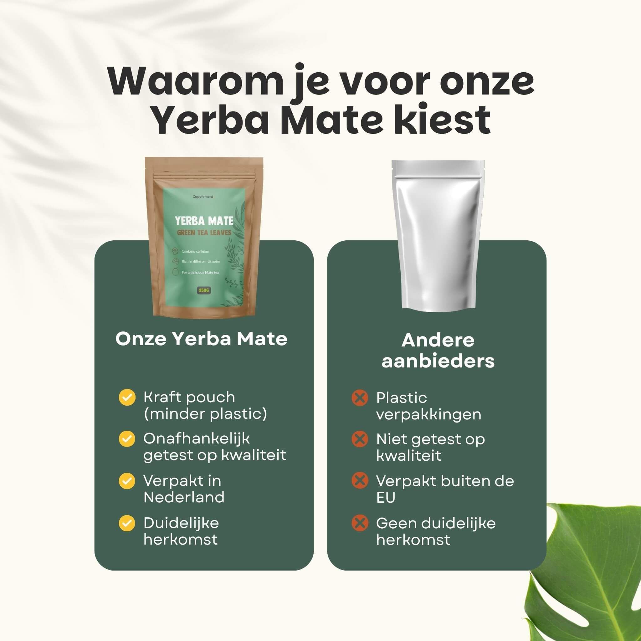 Vergelijking van Yerba Mate. Onze Yerba Mate: kraftpapieren zakje, verpakt in Nederland. Andere aanbieders: plastic verpakking, geen herkomst.