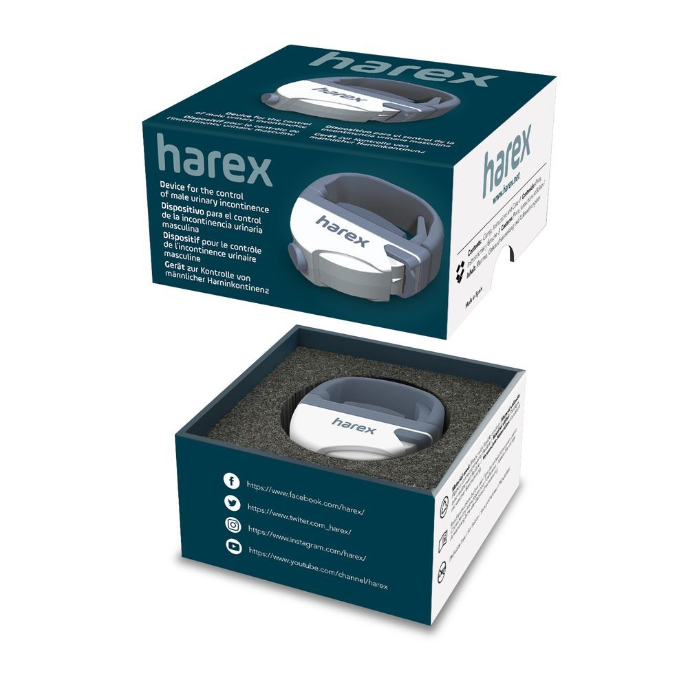 Product in verpakking. Op de doos staat "harex".