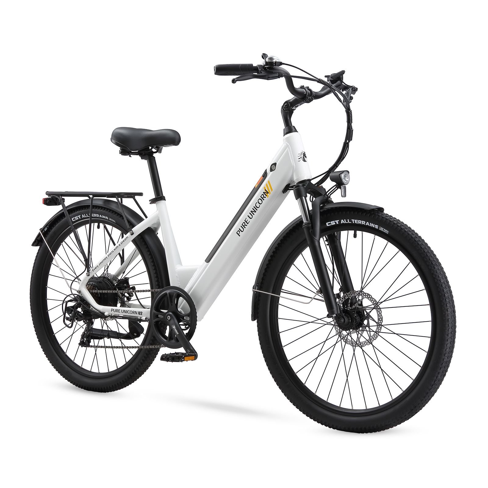 Witte e-bike met zwarte banden en details. Merk: PURE UNICORN. Bagagedrager en spatborden.