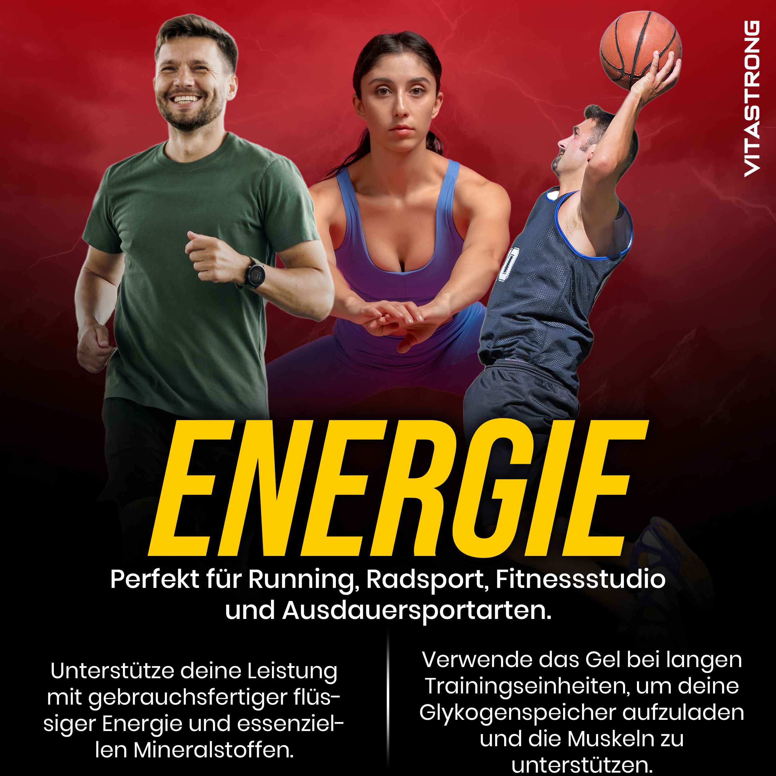 Vitastrong CARBO GEL 2:1. Sporters in actie. Tekst: Energie. Perfect voor duursport. Vloeibare energie, mineralen.