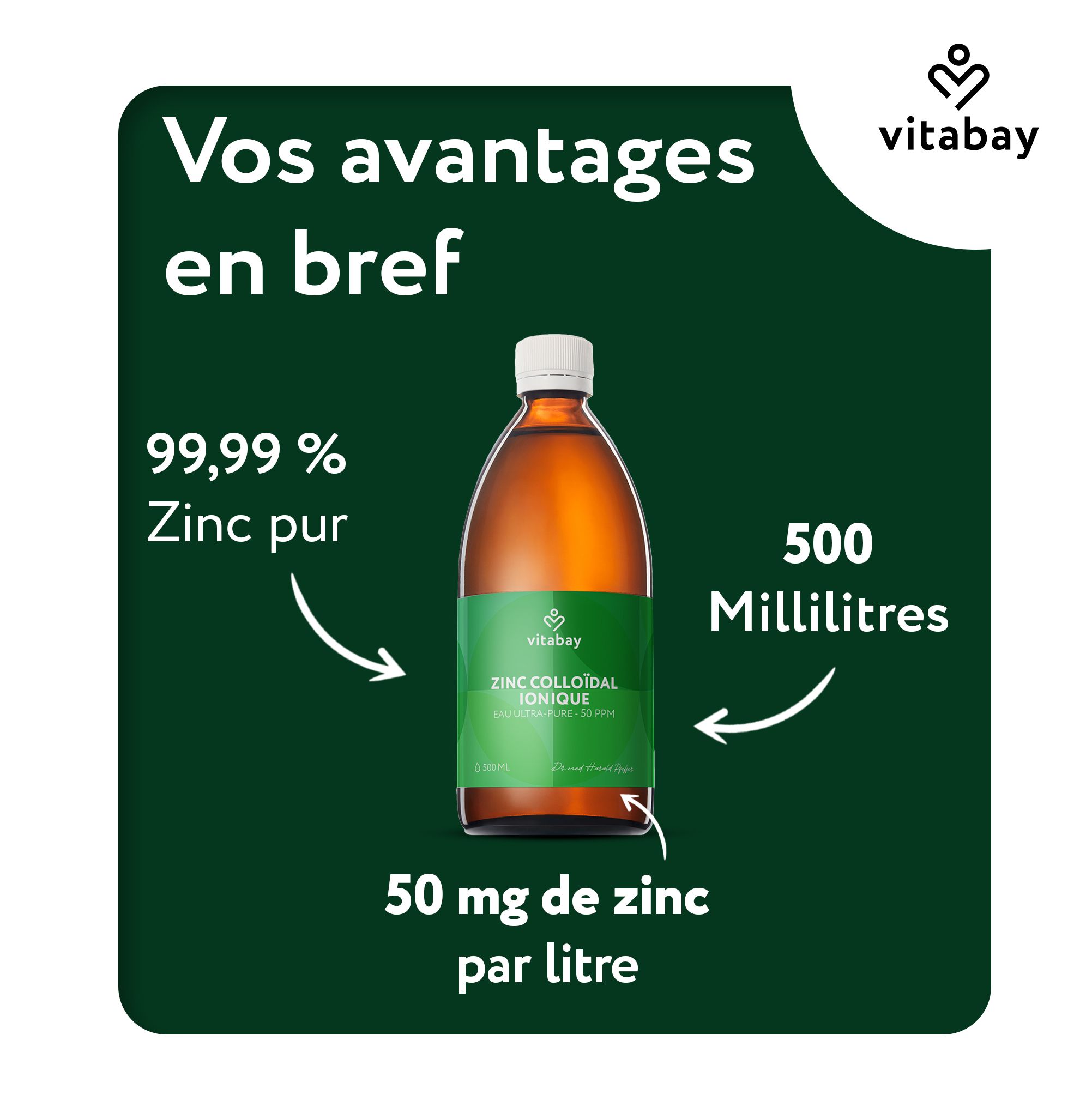 Bouteille de Zinc Colloïdal, 500 millilitres. Texte : "99,99 % Zinc pur", "50 mg de zinc par litre".