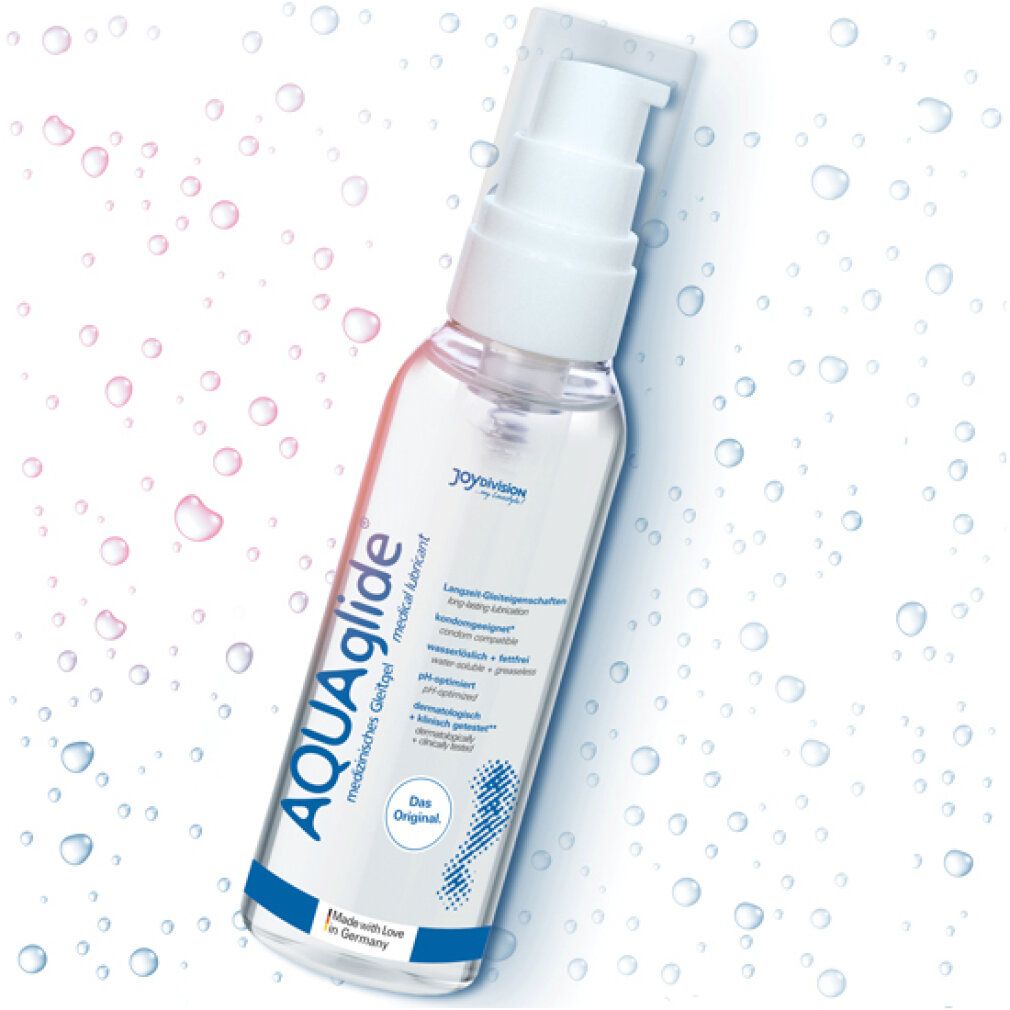 Flacon transparent avec pompe blanche. Inscription: AQUAglide, gel lubrifiant médical. Avec logo et texte.