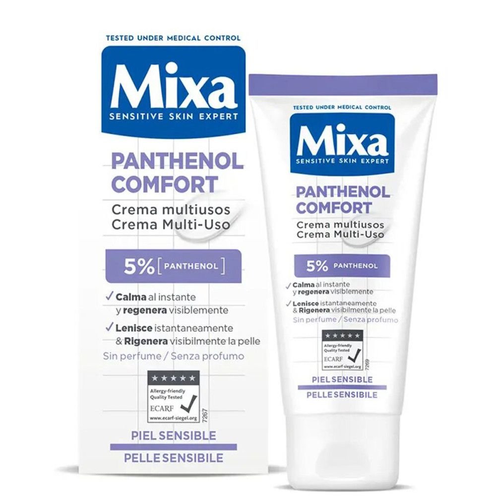 Emballage et tube Panthenol Comfort. Inscriptions: Mixa, Panthenol Comfort, 5% Panthenol. Label ECARF.