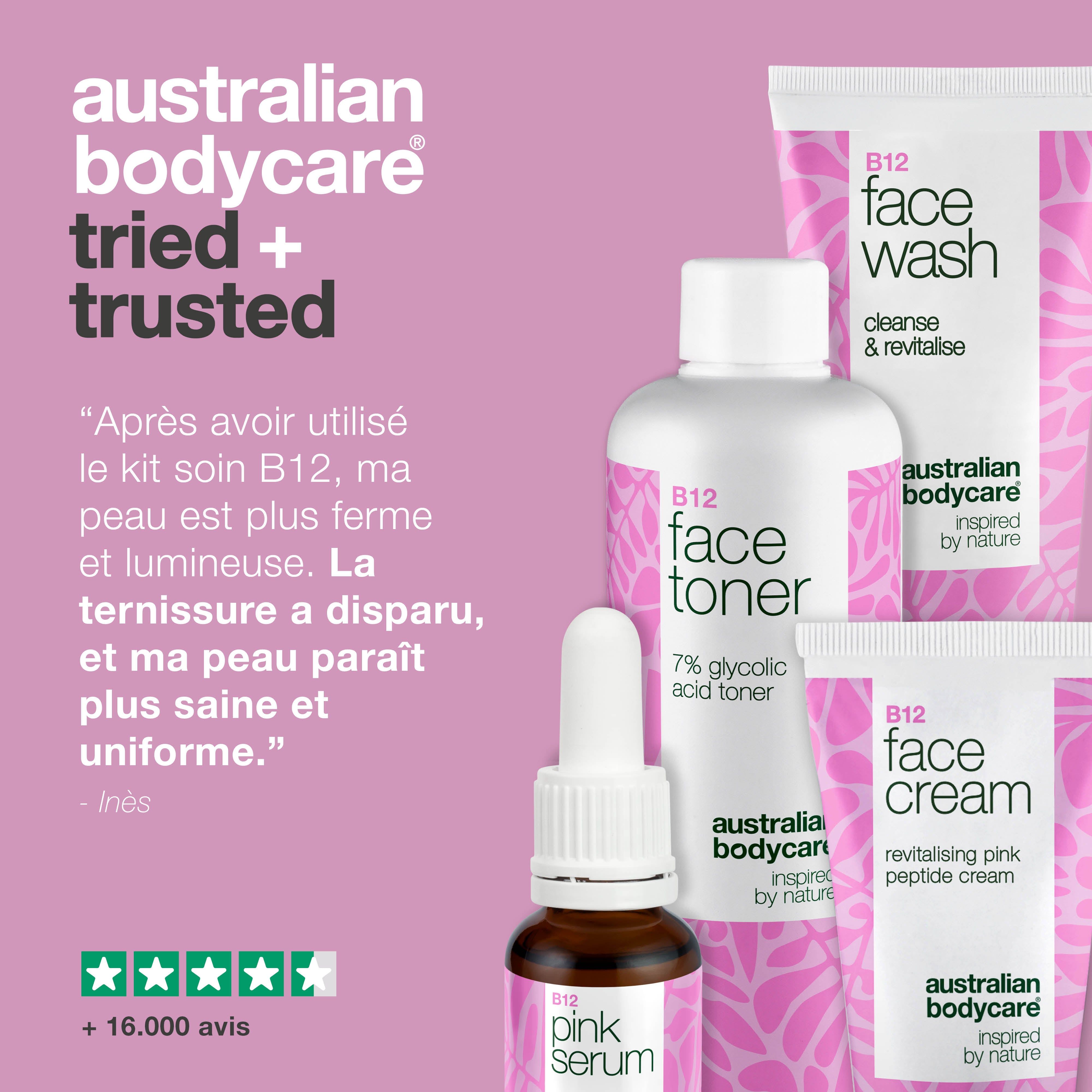 Produits : nettoyant, tonique, sérum et crème. Emballage rose et blanc. Citation et étoiles.