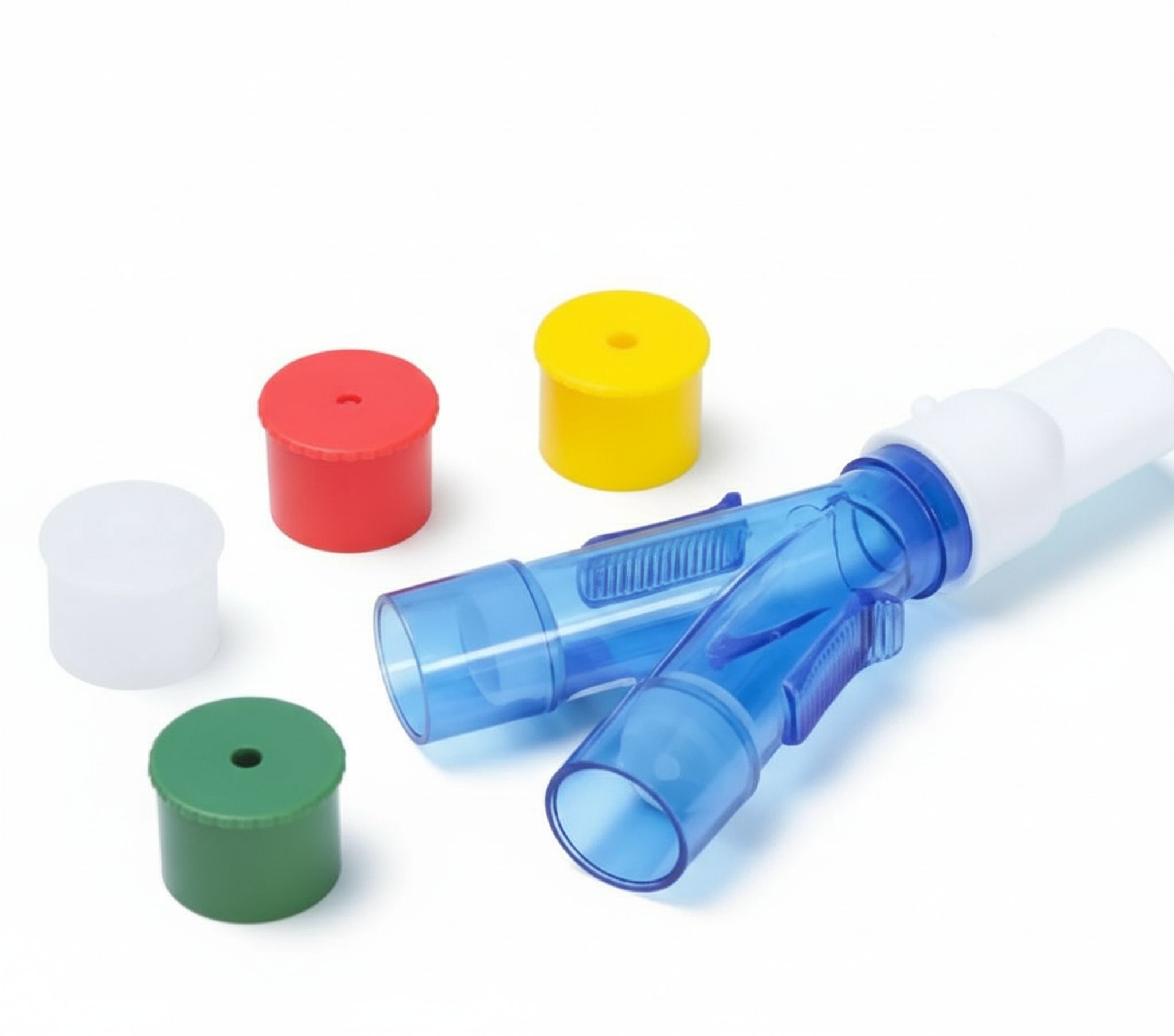 Blauwe Y-vormige inhalator met witte, rode, gele en groene dopjes.