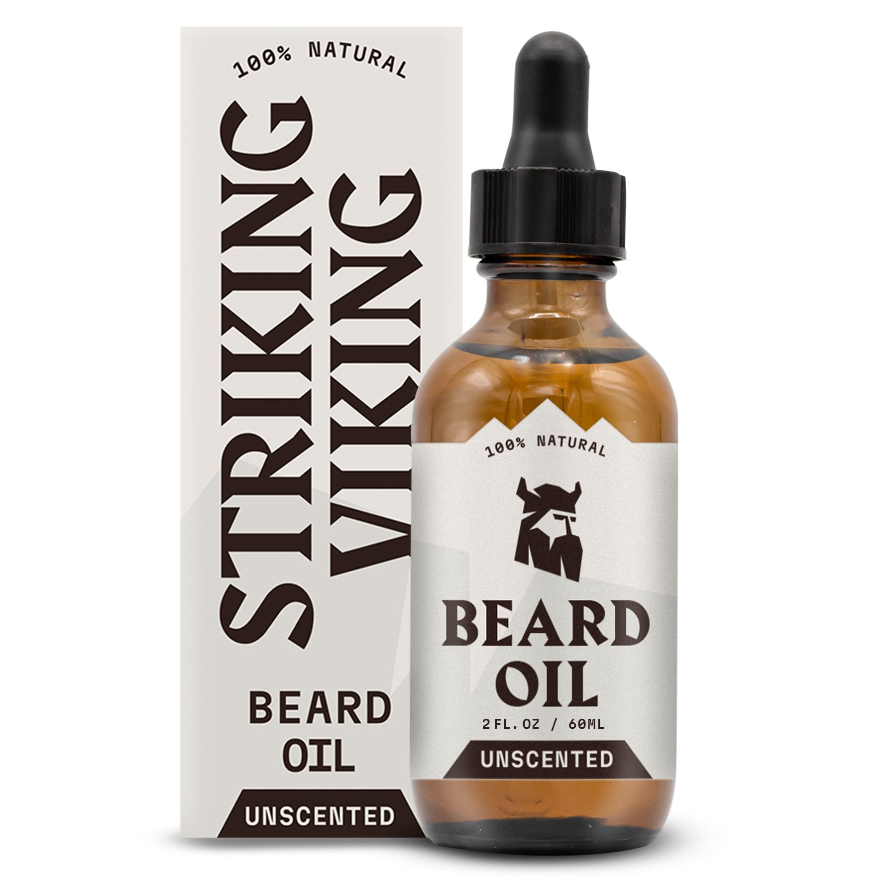 Bouteille d'huile à barbe à côté d'une boîte d'emballage avec l'inscription "STRIKING VIKING".