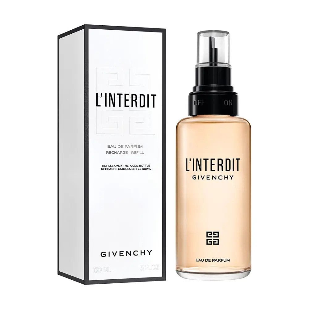 Flacon de parfum et recharge. Flacon avec vaporisateur noir, texte : L'Interdit, Givenchy. Emballage blanc avec logo et texte.