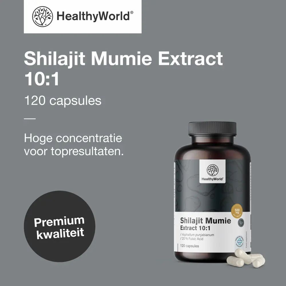 Fles en capsules. Tekst: Shilajit Mumie Extract 10:1. 120 capsules. Merk: HealthyWorld. Tekst: Premium kwaliteit.