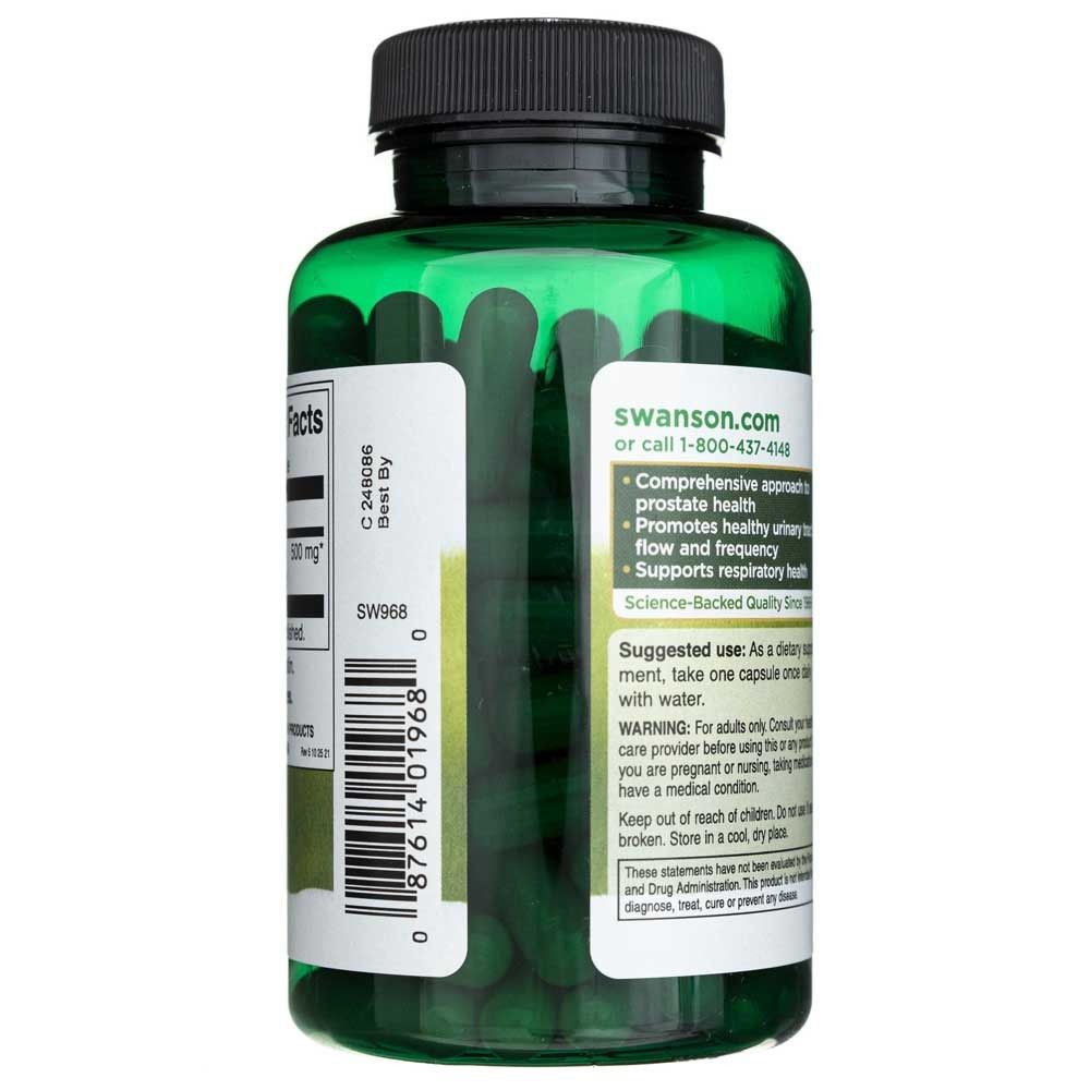 Bouteille verte contenant des gélules noires et des étiquettes indiquant Swanson.com et les instructions d'utilisation.