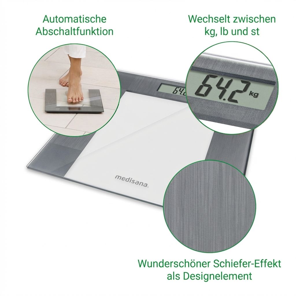 Glazen weegschaal met LCD-display, automatische uitschakeling en leisteen-effect.
