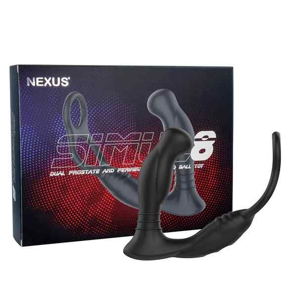 Produit de bien-être noir devant un emballage. L'emballage porte les mentions 'NEXUS' et 'SIMUL8'.