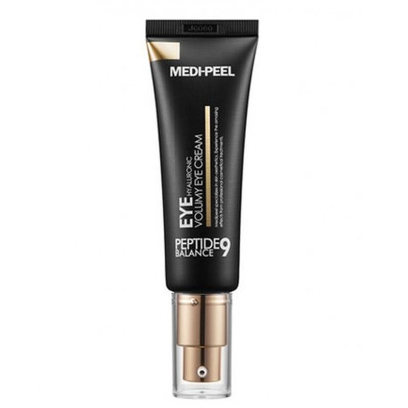 Tube noir avec bouchon doré et inscription : MEDI-PEEL PEPTIDE 9 HYALURONIC VOLUMY EYE CREAM.