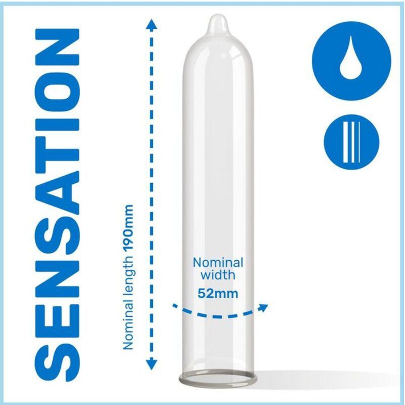 Préservatif transparent avec graphiques bleus. Longueur 190mm, largeur 52mm. Inscription: SENSATION.