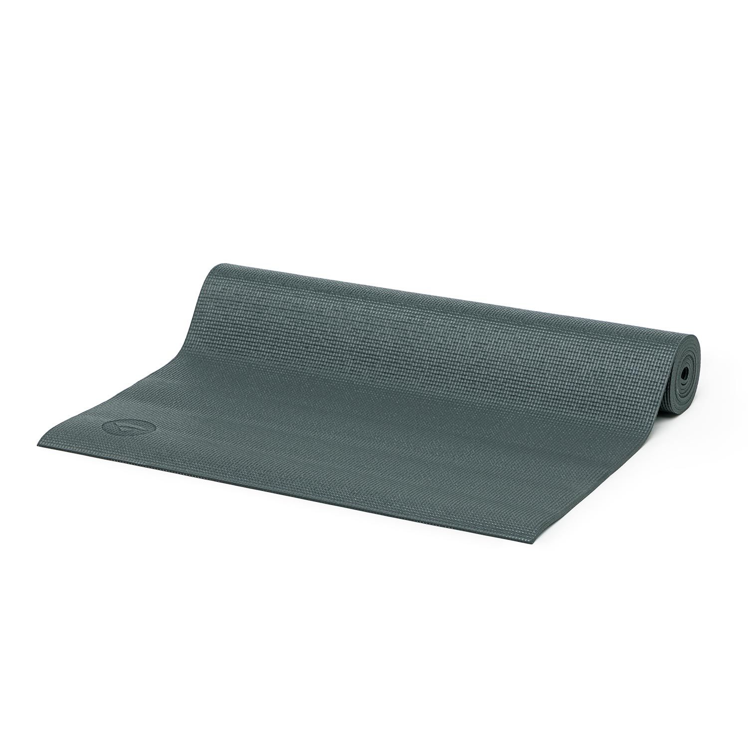 Antracietkleurige yogamat, gedeeltelijk uitgerold. Bodhi-logo zichtbaar. Gegroefd oppervlak.