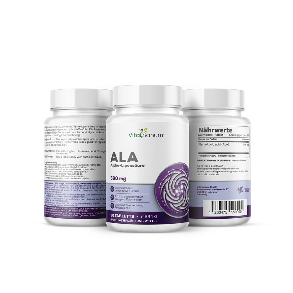 Trois flacons blancs VitaSanum®-ALA. Inscription : ALA Alpha-Liponsäure, 590 mg. Design violet. 90 comprimés. Complément alimentaire.