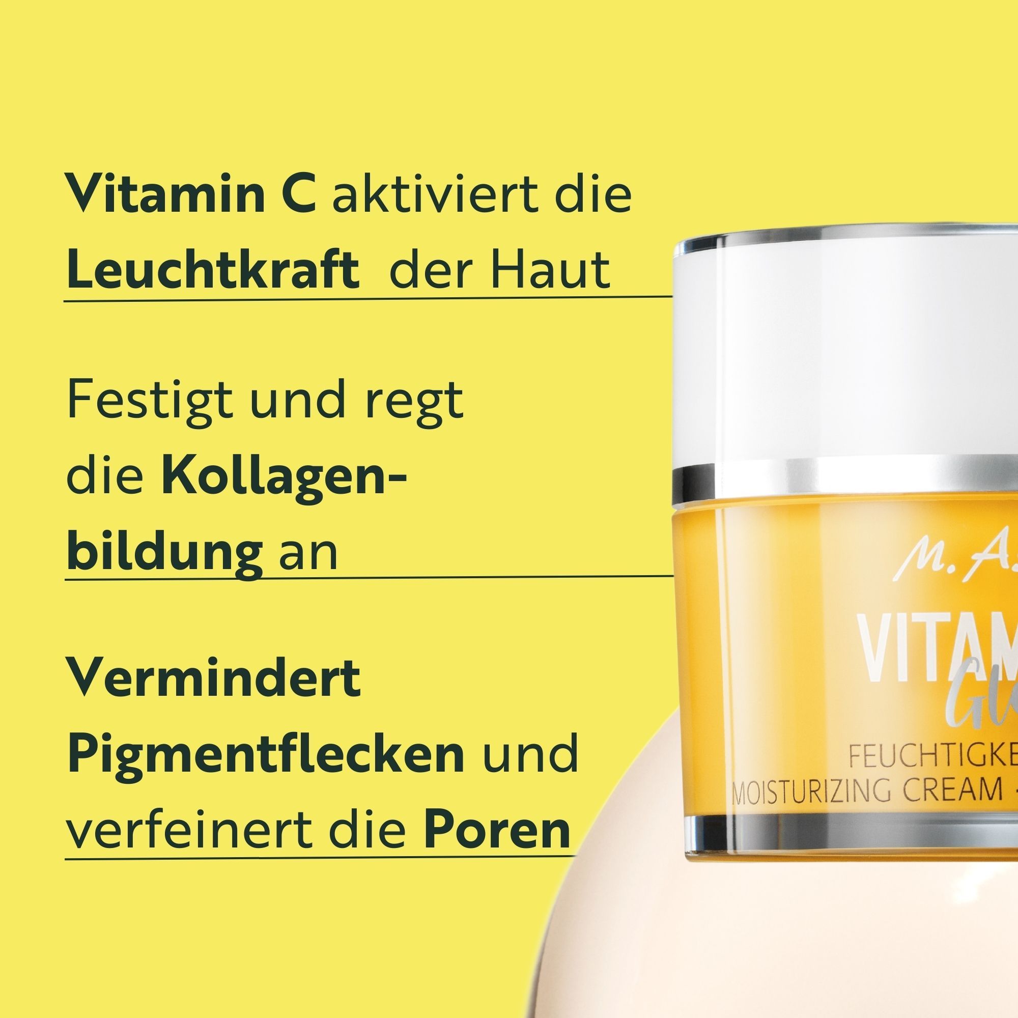 Tekst op gele achtergrond: Vitamine C activeert de glans van de huid. Verstevigt en stimuleert collageen. Vermindert pigmentvlekken.