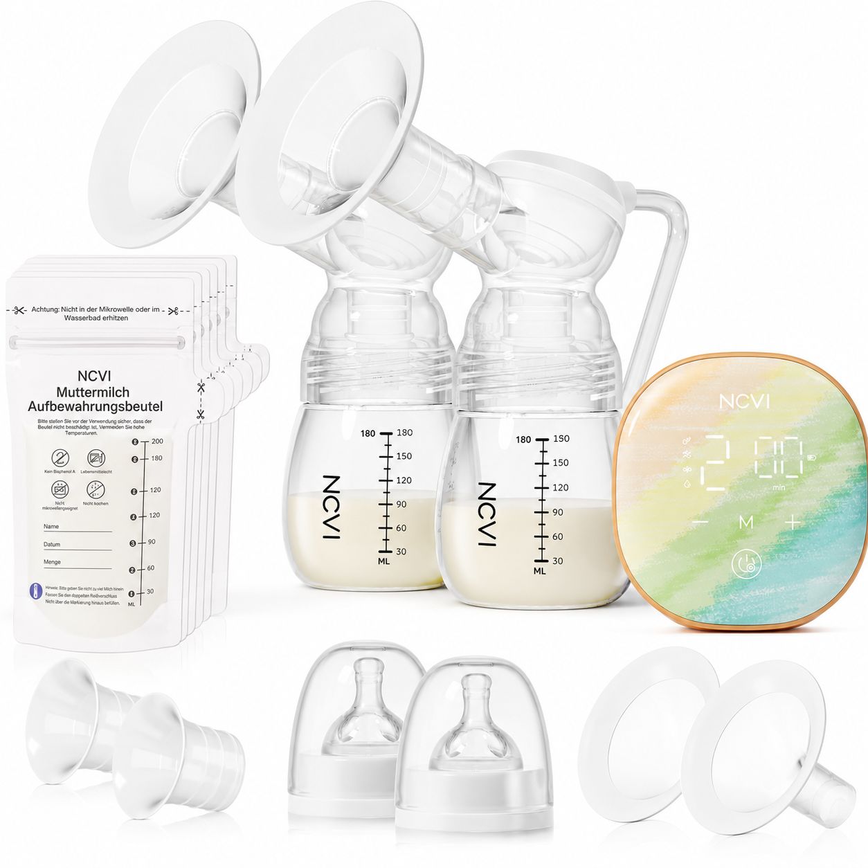 Tire-lait électrique avec deux biberons, sacs de conservation et accessoires.