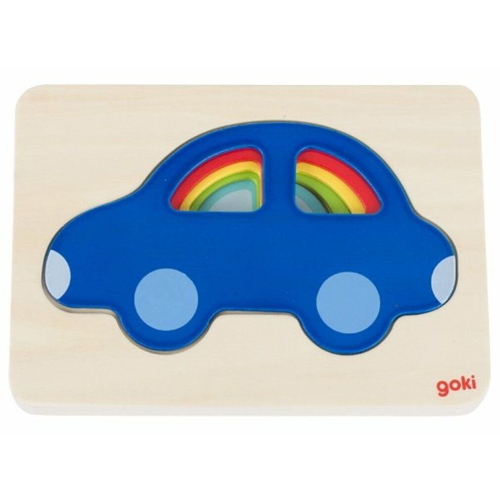 Houten puzzel met blauwe auto. Regenboog binnenin. Goki-logo rechtsonder.