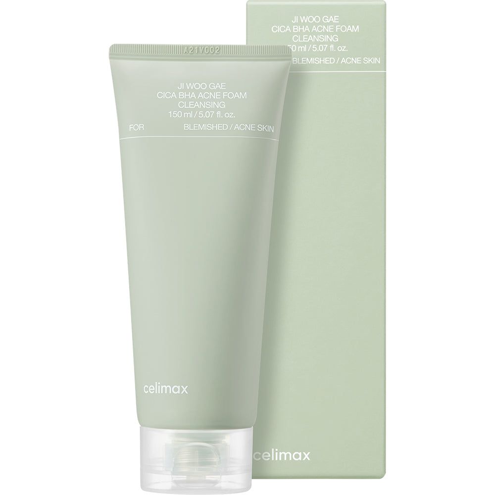 Celimax Ji Woo Gae Cica BHA acne reinigingsschuim tube en verpakkingsdoos.