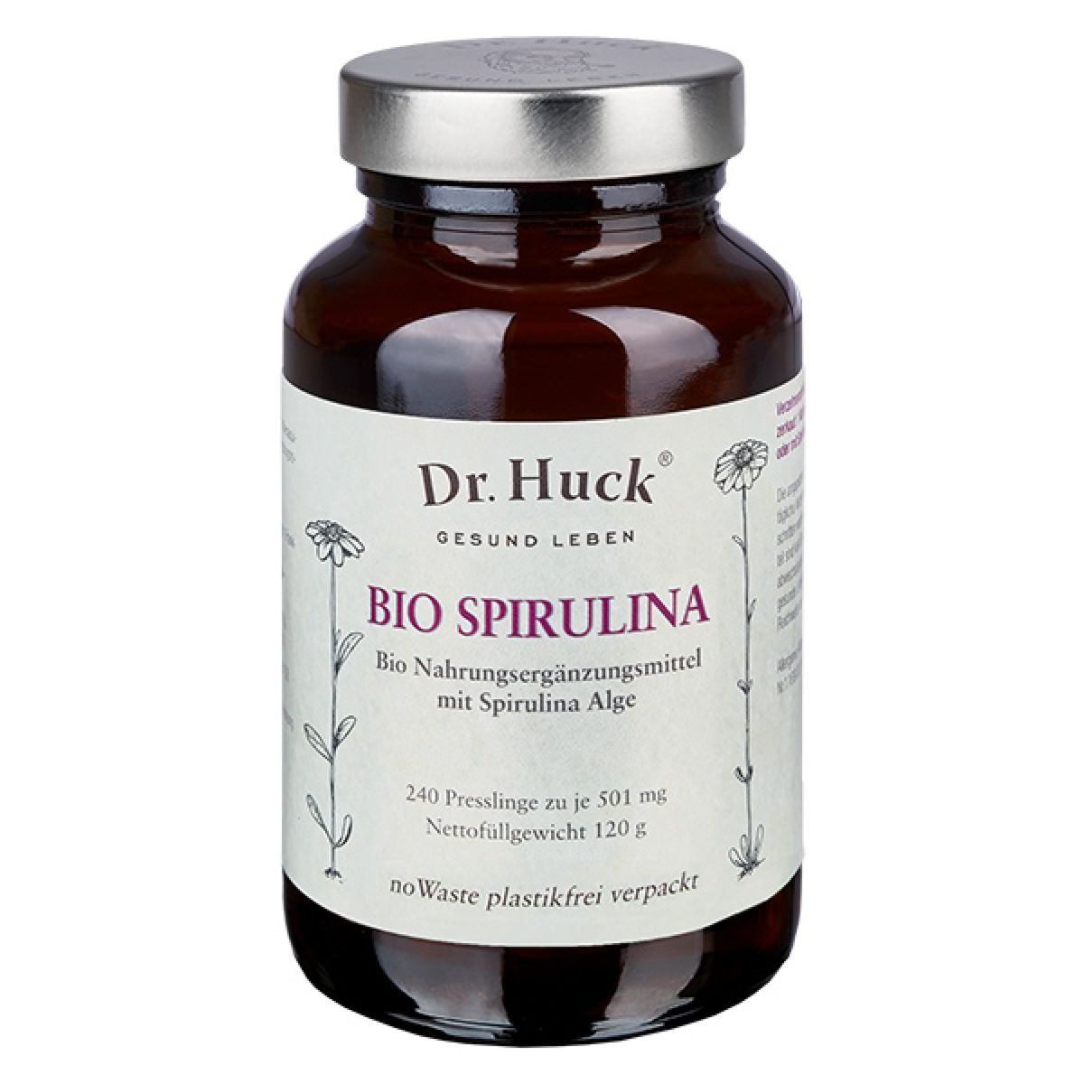 Flacon en verre brun avec couvercle argenté. Inscription: Dr. Huck, Bio Spirulina, 240 comprimés, 120g. Avec algue spiruline.