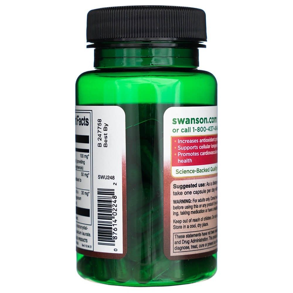 Zijkant van een fles Swanson Resveratrol Complex met gebruiksinstructies en waarschuwingen.