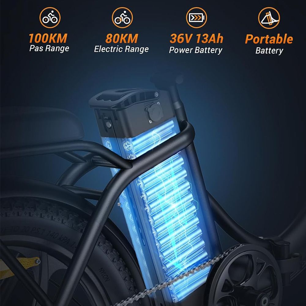 E-bike batterij met opschriften: 100 km bereik, 80 km elektrisch bereik, 36V 13Ah batterij, draagbare batterij. Zwart frame.