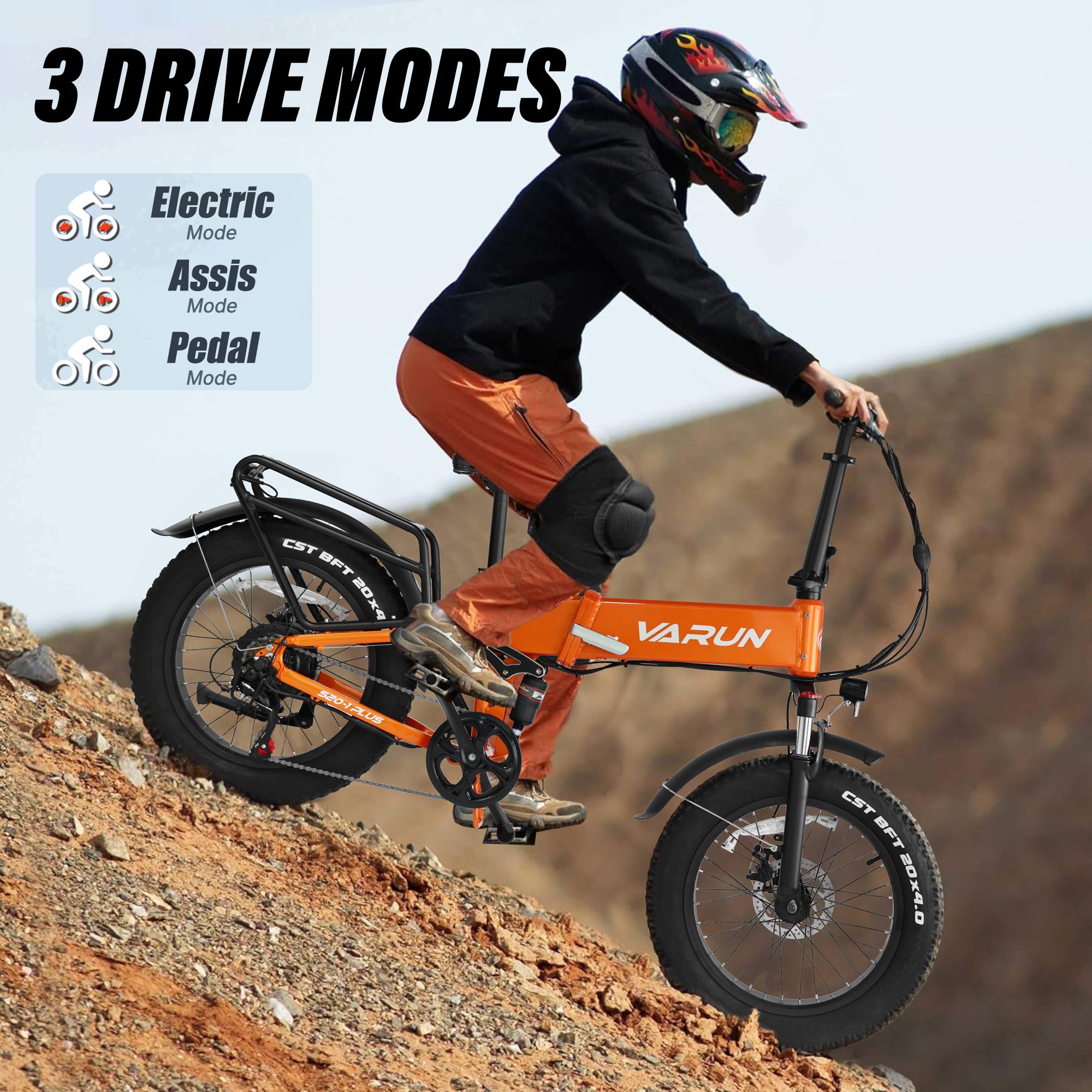 Oranje elektrische fiets VARUN S20-2 met 3 rijmodi. Persoon op de fiets. Achtergrond: heuvelachtig landschap.