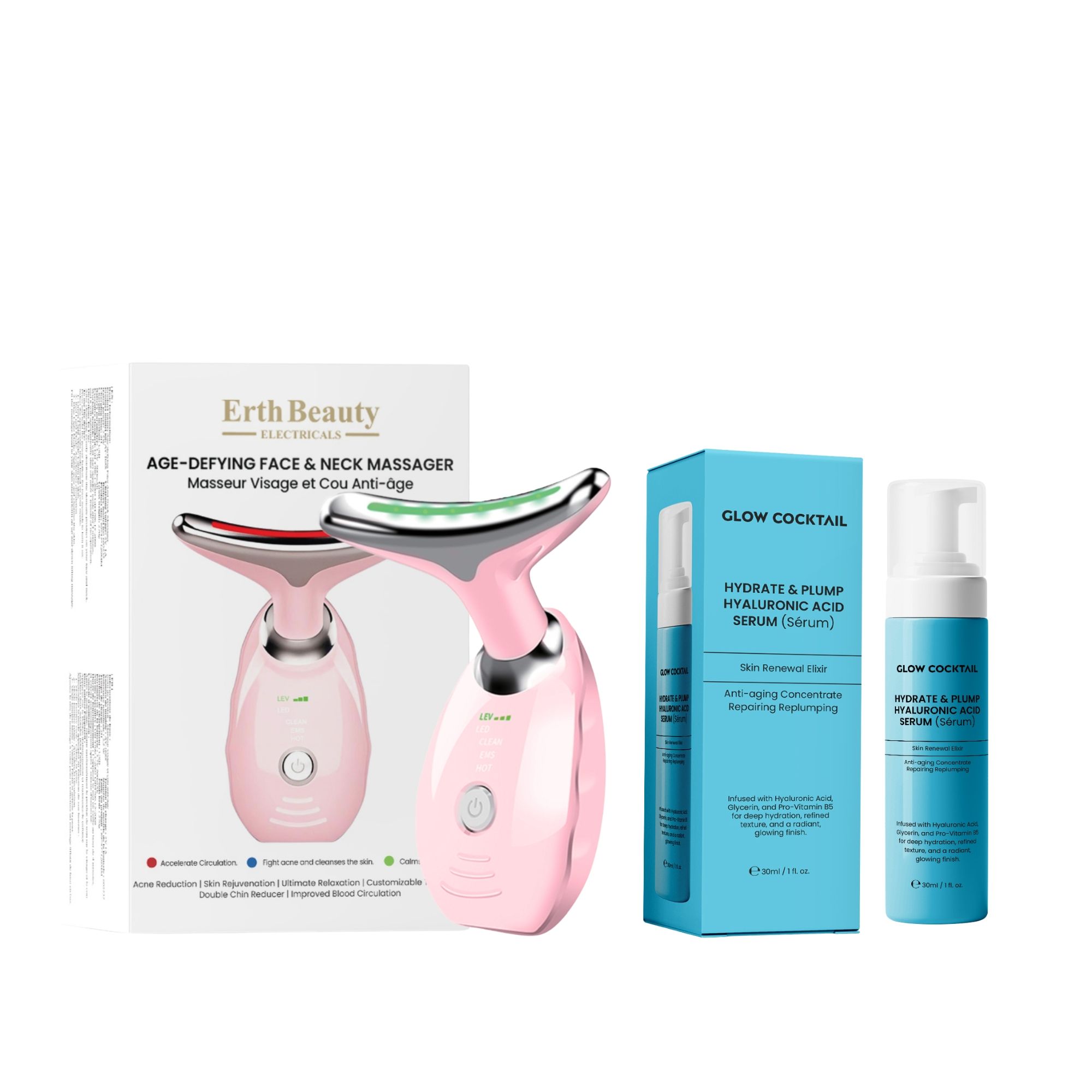 Glow Cocktail Anti Aging Gezichts en Halsmassageapparaat Roze met Hyaluronzuur Serum