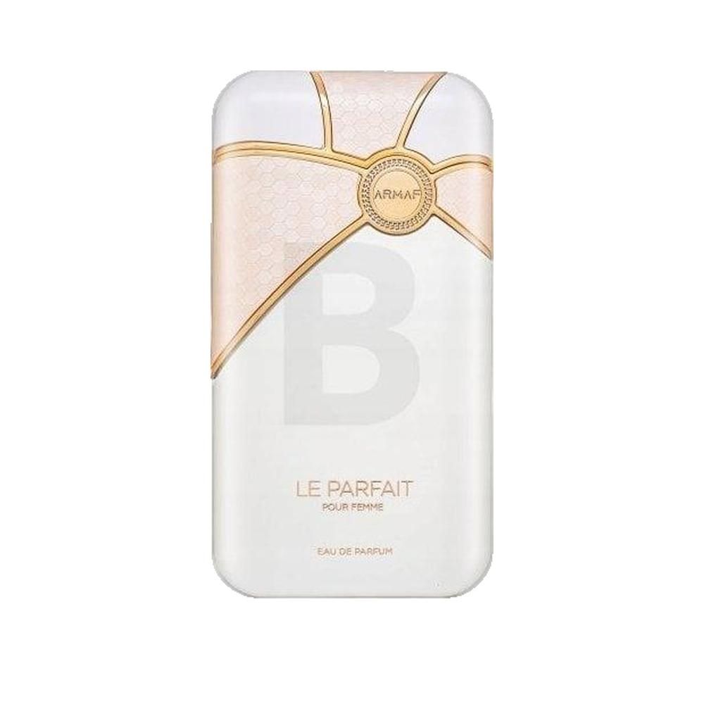 Witte parfumfles met gouden details. Opschrift: Le Parfait Pour Femme, Eau de Parfum. Merk: ARMAF.