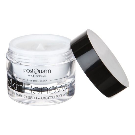 Glazen crèmepot met open deksel. Opschrift Skin Renewer en PostQuam Professional. Crème met glycolzuur.
