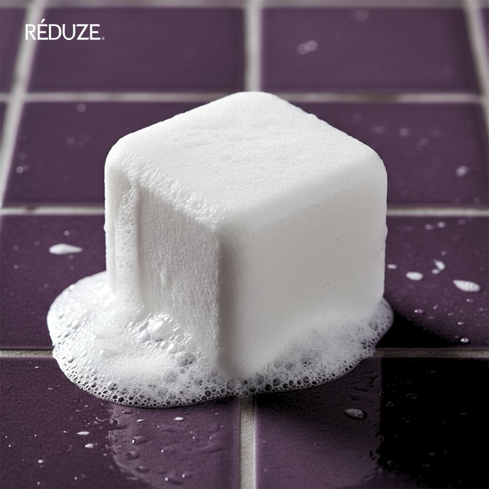 Cube de douche blanc avec mousse sur des carreaux violets. Inscription : RÉDUZE.